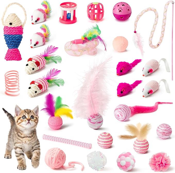 MALLMALL6 Cat Interactive Toys Set - 27Pcs Kitten Toys Stuff Pink Feather Teaser Wand Springs Mice Sisal Fish Crinkle Balls Bell Balls, Puzzle Gift Pack for Indoor Kitty Play Exercise