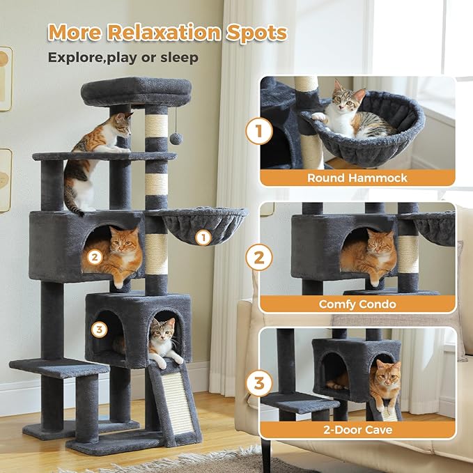 PAWZ Road Cat Tree, 51.6 Inches Cat Tower with Dual Condos, Spacious Perch, Cozy Basket and Sisal-Covered Scratching Posts for Small Cats and Kittens- Dark Gray