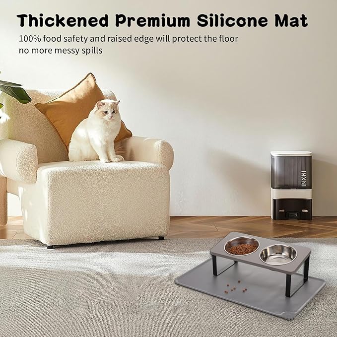 Upgraded Elevated Cat Bowls with Food Mat,15°Tilted Stand Anti Vomiting Raised Cat Dishes for Food and Water,2 Stainless Steel Bowls for Cats and Puppy(Gray)