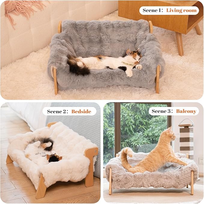 Elevated Cat Couch Bed for Indoor, Wooden Cats Sofa with Washable Fluffy Cover Raised Kitty Lounge Chair Suitable for Puppy(Cat Sofa Grey)