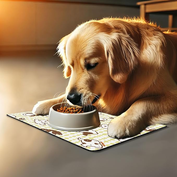 Lunarable Dog Pet Mat for Food and Water, Modern Pattern with Puppy Dogs and Paws Doodle Style Design Pet Animal Print, Rectangle Non-Slip Rubber Mat for Dogs and Cats, White and Green