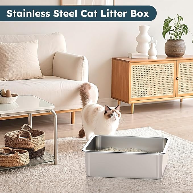 Stainless Steel Cat Litter Box - Metal High-Sided Litter Pan for Cats, Rabbits, and Pets, Non-Stick, Odor-Free, Easy to Clean, Splash-Proof, Sturdy and Durable Indoor Cat Toilet Supplies
