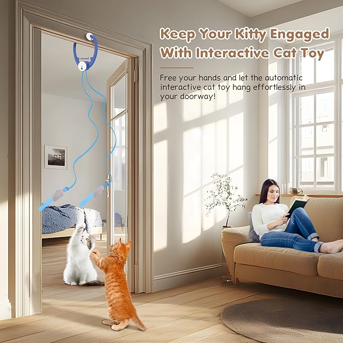 Interactive Cat Toys Rechargeable, Feather Toy for Indoor Cat, Hanging Retractable Teaser Toy, Automatic Kitten Play Chase Exercise Toys with Three Plush Mouse, USB Powered (Blue)