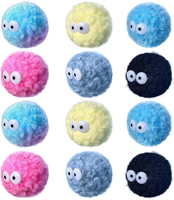 Assorted Color Cat Ball Toys, Irregular Shape Woolen Yarn Puffs Pom Balls Interactive Kitten Chasing Toys Cat Chase Balls (Multicolored 12Pcs)