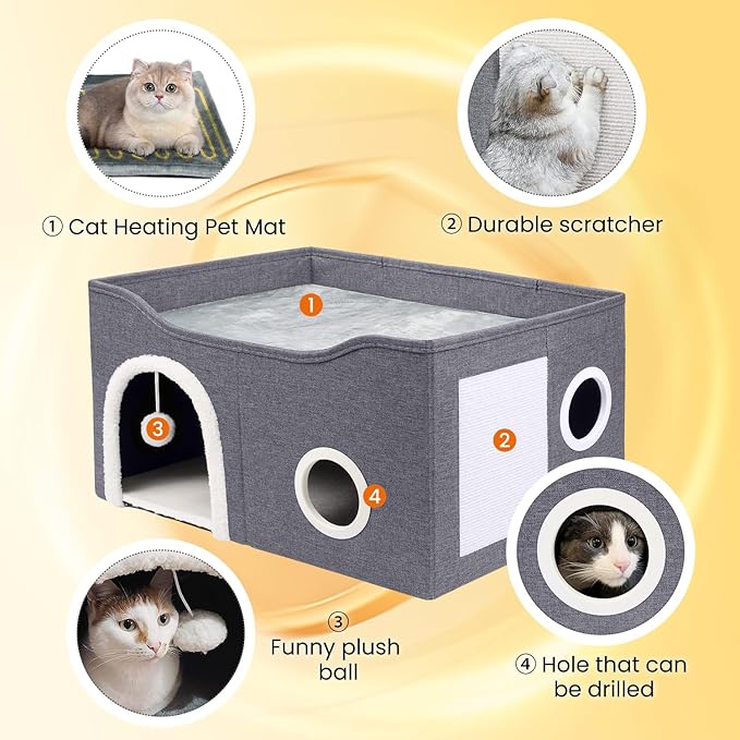 Indoor Heated Cat House, Adjustable Temperature Cat Heating Bed with Timer and Chew Resistant Cord, Large Cat House with Heating Pad for Small Medium and Large Cats