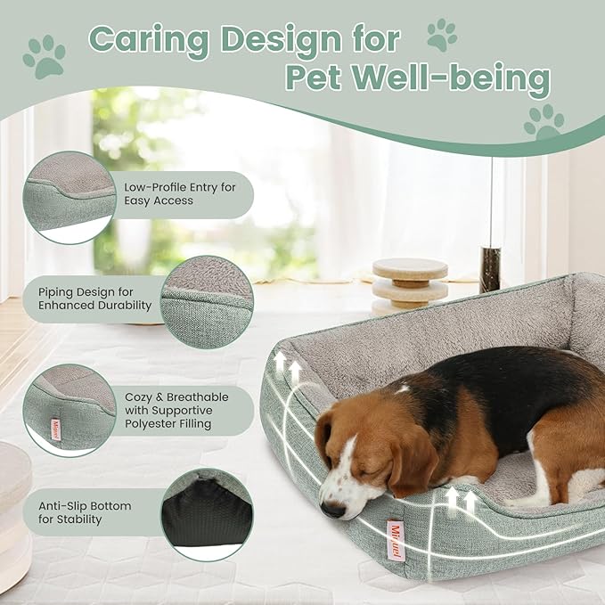 Miguel Washable Faux Linen Cat Beds for Indoor Cats with Removable Cushion Pillow, Easy to Wash Small Dog Bed with Side, Rectangle Kitten Bed Cuddle Puppy Bed with Anti-Slip Bottom, Green 20 Inch