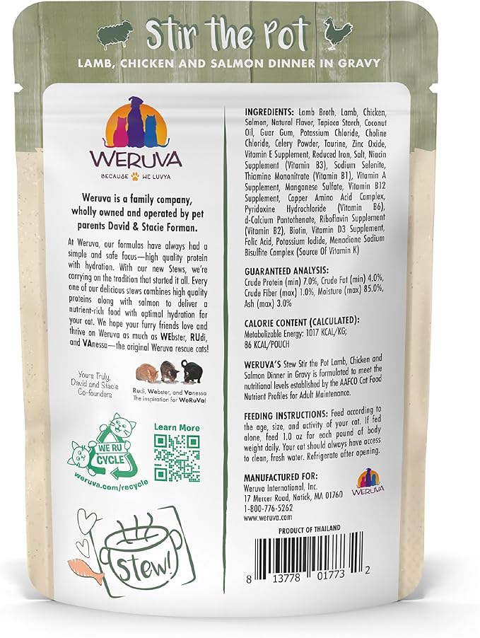 Weruva Classic Cat Stews!, Stir The Pot with Lamb, Chicken & Salmon in Gravy, 3oz Pouch (Pack of 12)