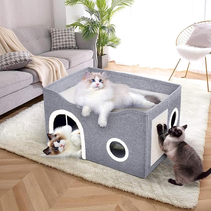 Heeyoo Cat House for Indoor Cats - Large Cat Bed Cave with Fluffy Ball and Scratch Pad, Foldable Cat Houses & Condos, Cat Hideaway, Covered Cat Bed for Multi Small Large Kitty, 23.8x15.9x13.2 Inches