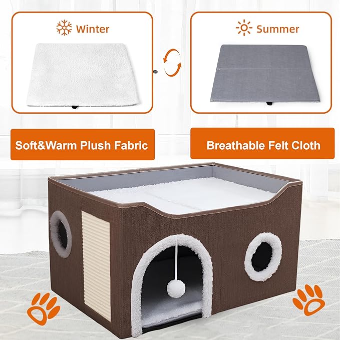 Cat Houses for Indoor Cats - Large Cat Bed Cave with Scratch Pad and Fluffy Ball, Foldable Cat Condo Hideaway with Reversible Cushion for Multi Small Pet,Brown