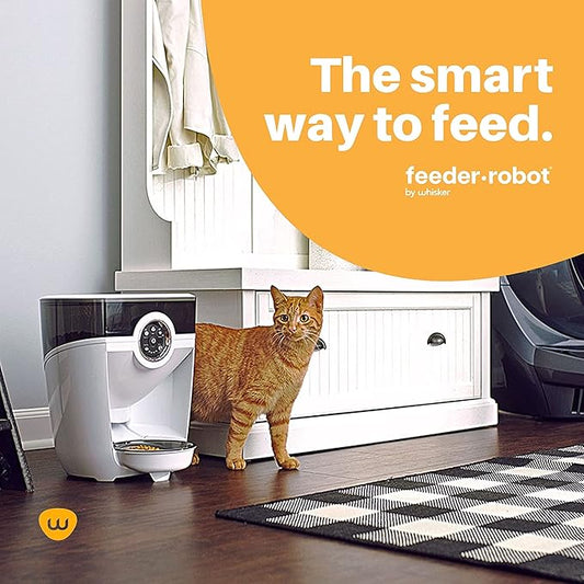 Feeder-Robot by Whisker, White with Smoke-Grey Hopper; Smart, Automatic Pet Feeder, Feed Your Cat or Dog from Anywhere, Designed & Assembled in USA