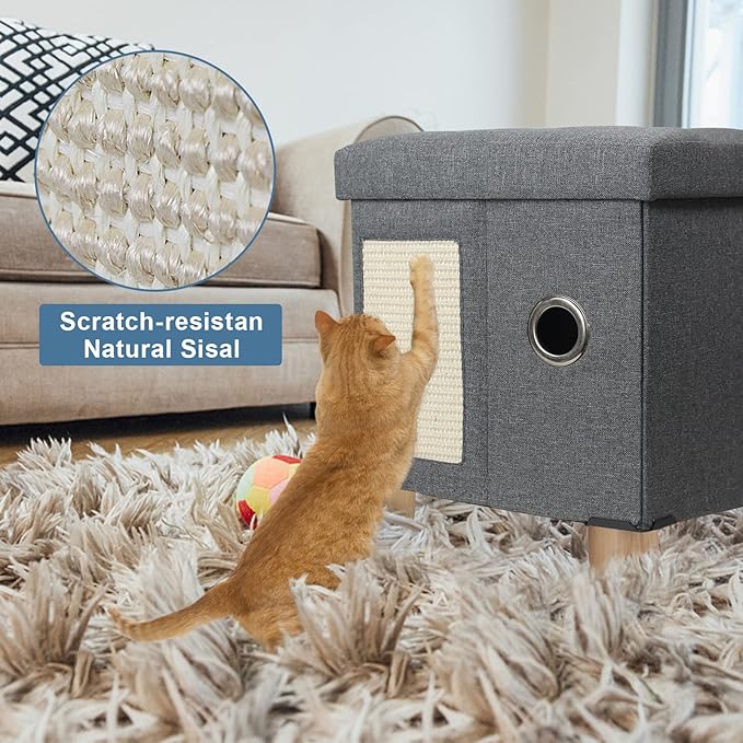 BRIAN & DANY Cat House for Indoor Cats, Cat Cave Bed for Pet, Cat Cube with Cat Scratch Board & Cat Ball,17.7 x 14.8 x 15 inches, Grey