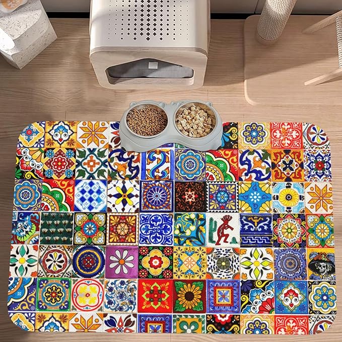Bohemian Chic Floral Dog Food Mat Absorbent Bowl Mats No Stains Quick Dry Waterproof Pet Cat Placemats for Food and Water, 30x45cm