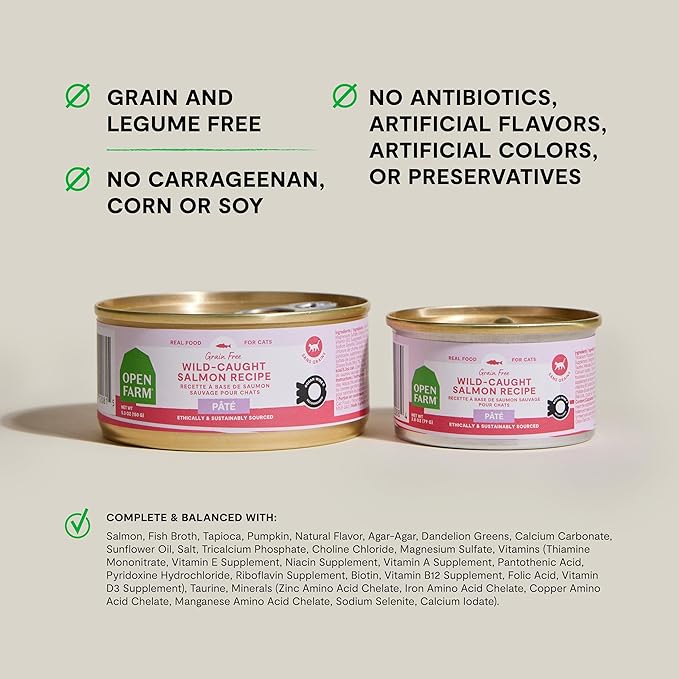 Open Farm Canned Cat Food, Paté for Complete & Balanced Nutrition, Grain-Free and Legume-Free Wet Cat Food, Salmon Recipe, 5.3oz Cans (Case of 12)
