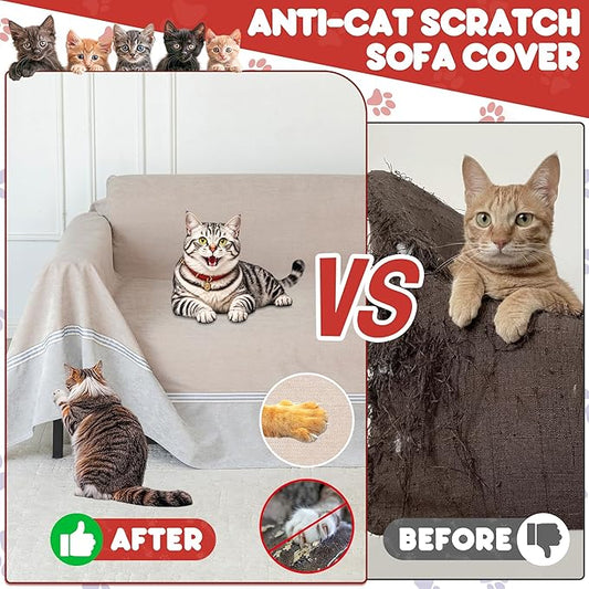 Living Room High Stretch Sofa Cover Pets Dogs Friendly, Cat Scratch Furniture Protector - Anti-Slip, Waterproof Sofa Cover to Keep Cats Off, Anti-Scratch Couch Cover for Pets and Kids 150"X91"Khaki