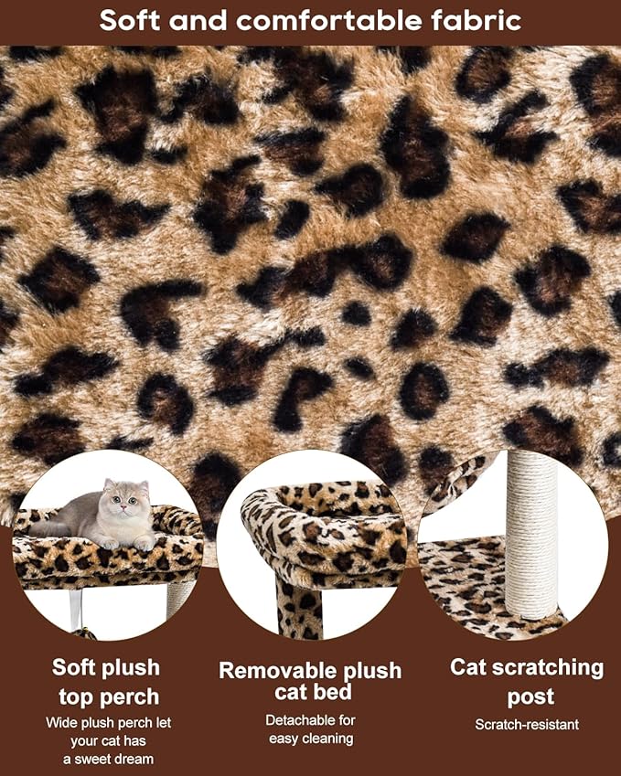 SYANDLVY Small Cat Tree for Indoor Cats, Unique Leopard Print Cat Tree Tower for Kitties, Condo Furniture with Hammock & Sisal Scratching Posts