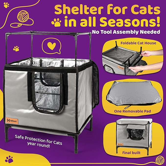 Indoor and Outdoor Cat House - Weatherproof Cat Shelter - Insulated - Elevated House with Plush Cushion - Waterproof Feral Cat House