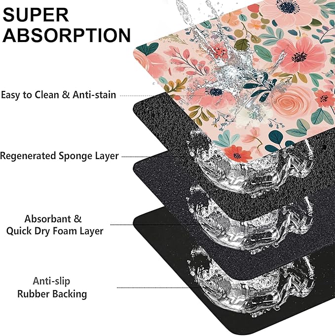 Boho Floral Pet Feeding Mat for Floors-Absorbent Dog Bowl Mat for Food and Water, Quick Dry Pet Cat Feeding Mats with Non Slip Bottom, Mess-Free Dog Accessories 16"x24"