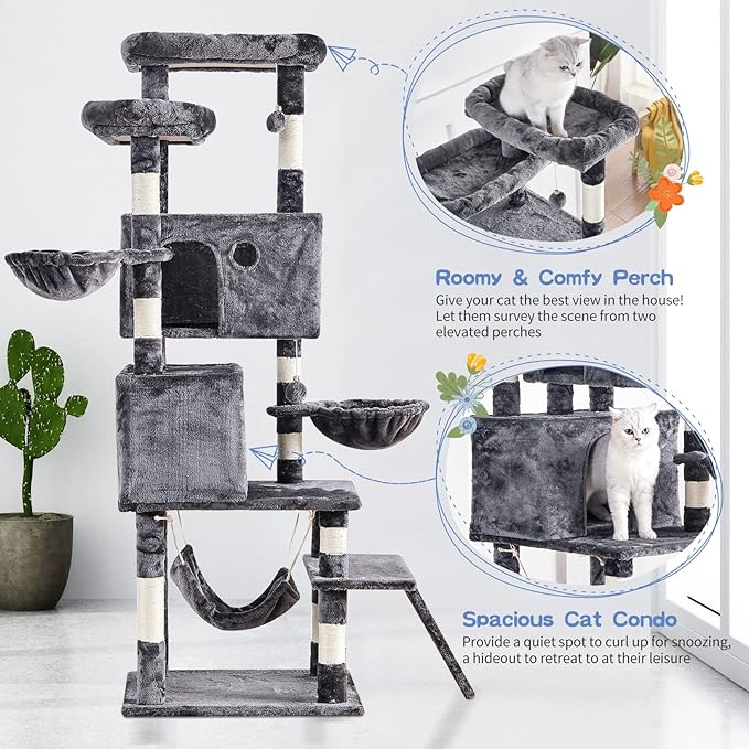 Cat Tree for Indoor Cats Large Adult, 66.9 Inches Multi-Level Tall Cat Tower with Sisal Scratching Posts, Large Plush Perches, Spacious Condos, Baskets, Hammock & Scraping Ladder (Dark Gray)