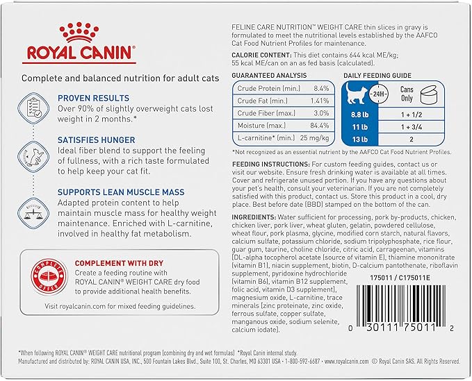 Royal Canin Feline Weight Care Thin Slices in Gravy Canned Adult Wet Cat Food, 3 oz cans 6-pack