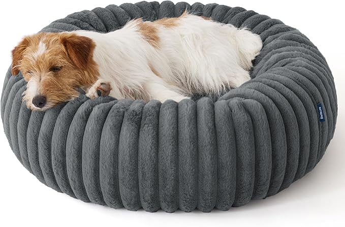 Bedsure Donut Small Dog Bed - Dog Beds for Small Dogs with Corduroy Fleece & Anti Slip Bottom, Round Faux Fur Pet Beds with Washable Removable Cover, Warm Grey, 27x27x8 inches
