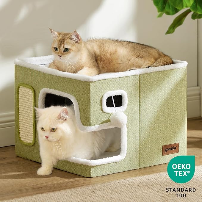 Cat Beds for Indoor Cats - Large Cat House for Pet with Fluffy Ball Hanging and Scratch Pad, Foldable Cat Hideaway,16.5x16.5x13 inches, Grey