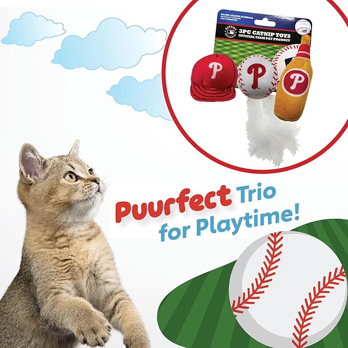 Best Plush CAT Toy - MLB Philadelphia Phillies Complete Set of 3 Piece Cat Toys Filled with Catnip. Incld: 1 Baseball Cap Cat Toy, 1 Baseball Cat Toy with Feathers & 1 Beer Bottle. Team Logos