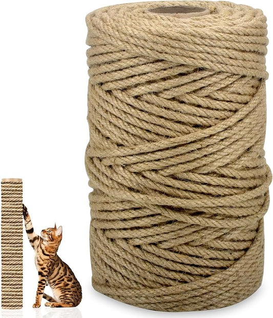 Jute Rope for Cat Scratch Post 1/4" Diameter 164 FT Cat Natural Hemp Rope Cat Tower Repair Rope Cat Tree Rope Replacement Recovering and DIY