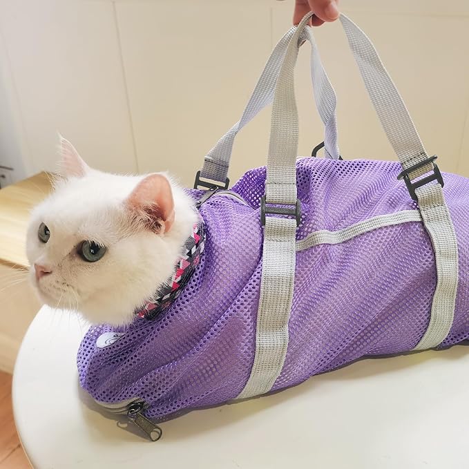 Cinf Cat Bathing Bag(Free Muzzle) Breathable Mesh Anti Scratch Adjustable Cat Grooming Bag for Nail Trimming, Bathing Soft Cat Washing Bag(Taro) L