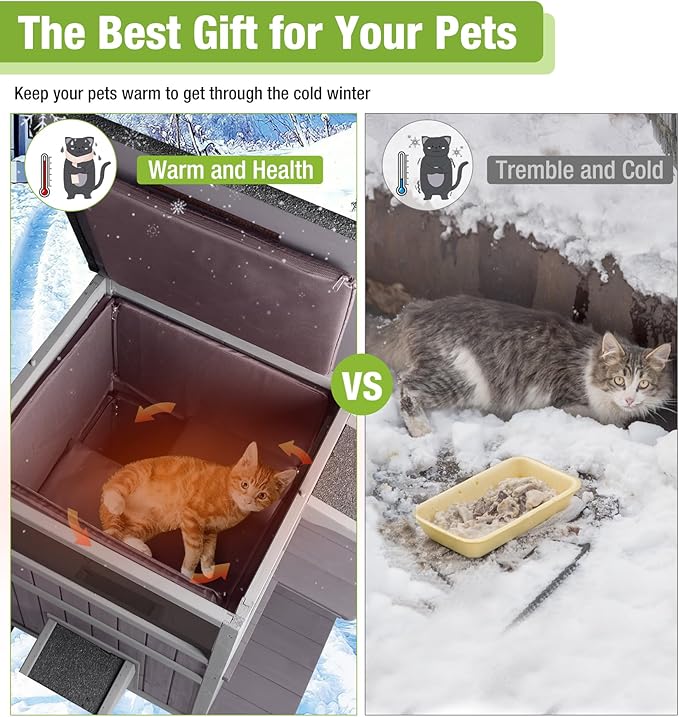 GUTINNEEN 2-Story Heated Cat House, Insulated Cat House Outdoor with Electric Heating Blanket, Waterproof Wooden Cat Shelter with Bite-Resistant Wires