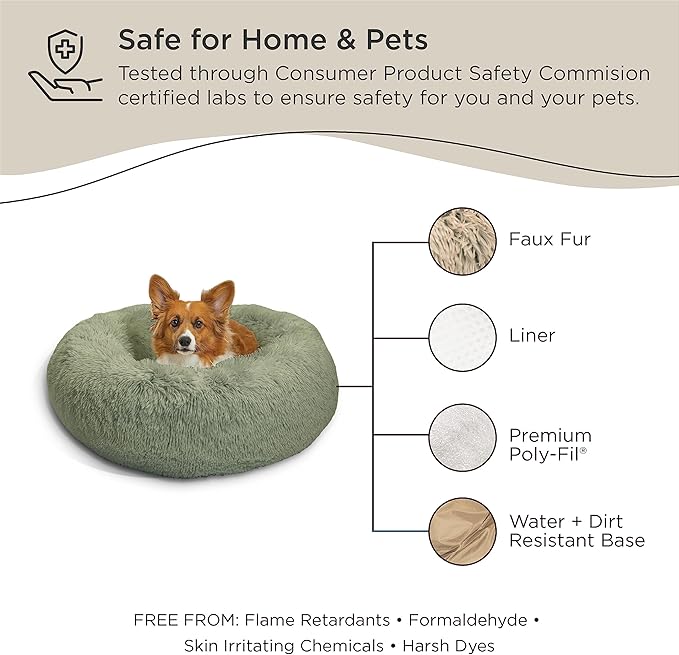 Best Friends by Sheri Original Calming Donut Dog and Cat Bed, Shag Faux Fur, Sage Green, (30in x 30in) - Anxiety Relief for Pets Up to 45 lbs