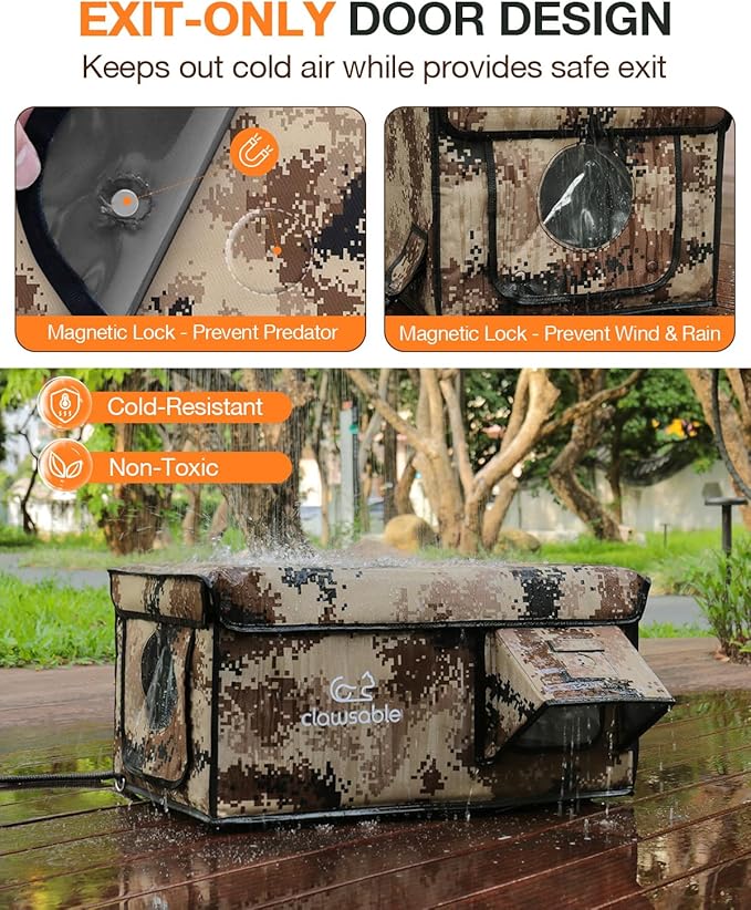 Indestructible Heated Cat House for Outside Cats Winter, 100% Weatherproof, Safe Escape Door, Insulated Outdoor Cat Shelter with Heater for Feral Barn Cat Kitty (Desert Camouflage, 12"x16"x14")