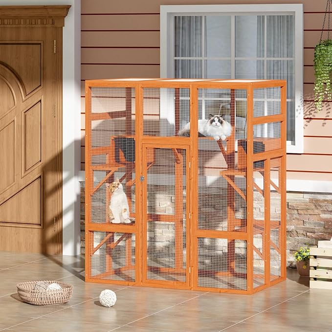COZIWOW 70Inches Large Spacious Wooden Outdoor Catio with Perches and Condos, Cat Catio Enclosures Indoor Kitty Window Kennel with Waterproof Roof, 7 Platforms & 2 Resting Box, UV Resistant(Orange)