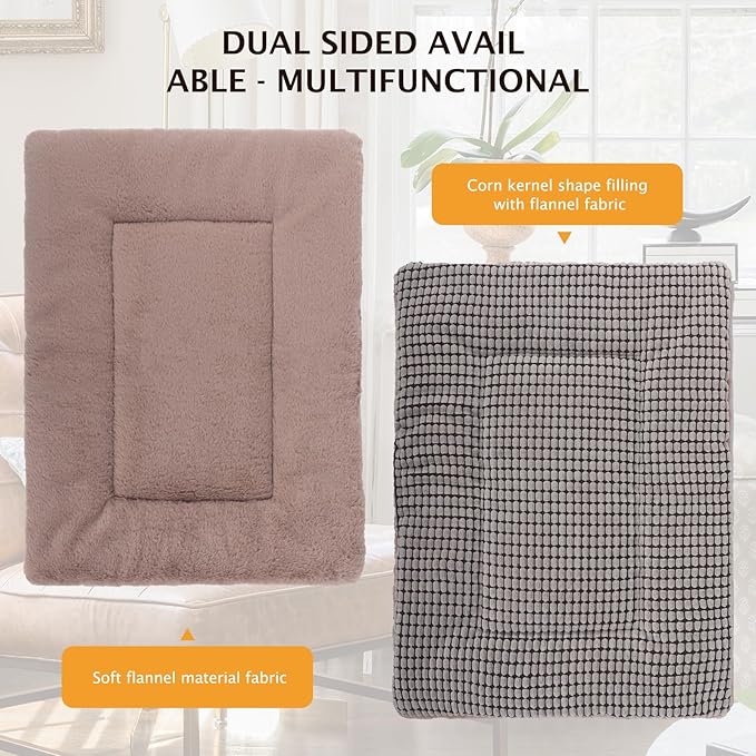 Reversible Dog Bed Mat with Plush and Corn Velvet,Soft Warm Pet Cushion, Dual Purpose Washable Sleeping Mattress Bed for Small Medium Large Dog and Cat XB004 (18 * 13", Khaki)