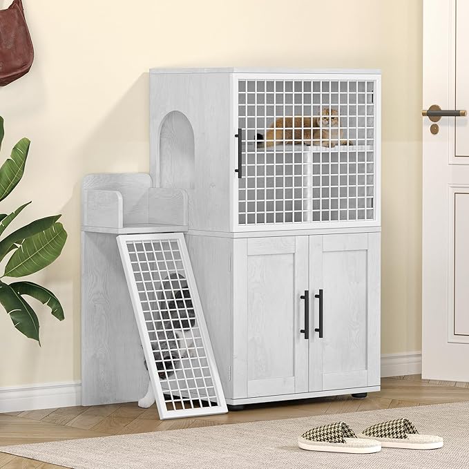 Cat Litter Box Furniture, Modern Cat Cabinet with Side Door, Double Layer Hidden Litter Box Enclosure & Pet House, Villa Style Cabinet with Side Door and Ladder for Indoor Cats