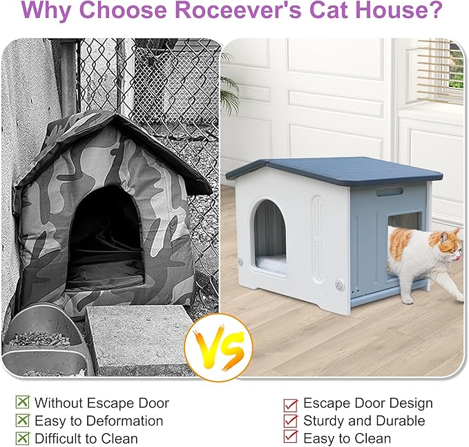 Rockever Plastic Outdoor Cat House with Escape Door, Waterproof Cat Shelters for Feral Cats Indoor Cat House with Mat, Sturdy Cat House for Outdoor Cats, Assemble Easily-Grey