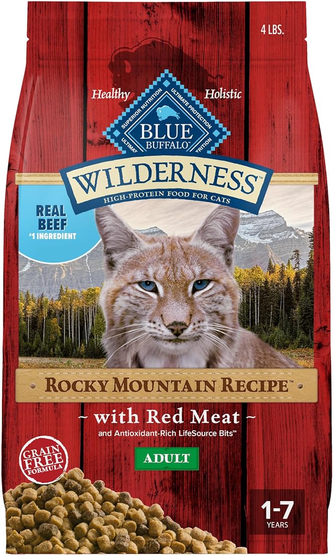 Blue Buffalo Wilderness Adult Dry Cat Food, Rocky Mountain Recipe, Chicken-Free & Grain-Free Recipe Made with Natural Ingredients, Red Meat, 4-lb Bag