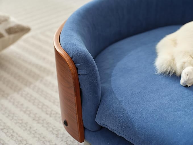 HomSof 26.38" Scandinavian Style Elevated Dog Cat Bed Pet Sofa with Solid Wood Legs and Bent Wood Back with Velvet Cushion,Small Sizeļ¼Navy+Brown