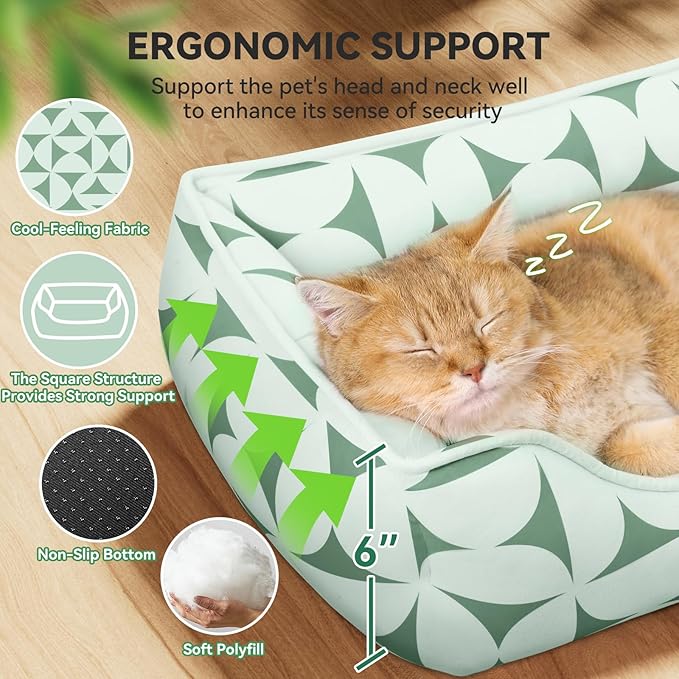 Rectangle Cat Dog Bed for Large Medium Small Pets Indoor Outdoor Machine Washable Sleeping Sofa Non-Slip Bottom Soft Puppy Bed Durable Orthopedic Calming Pet Cuddler (Small, Green Pattern)