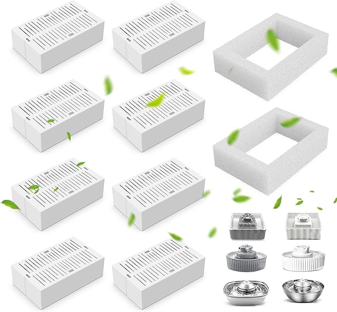 8 Pack Cat Fountain Filter Replacement, Triple Cupcake Cat Fountain Filters, 8 Pet Fountain Carbon Filters and 2 Foam Filters for Ceramic Cat Water Fountain