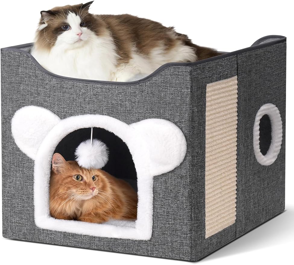 Cat Houses for Indoor Cats, Large Cat Cave with Fluffy Ball and Scratch Pad, Covered Cat Bed House, Foldable Cat Hideaway