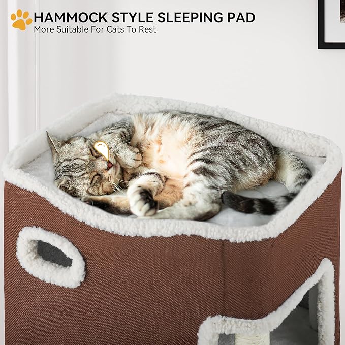 YITAHOME 2-Tier Cat House, Cat Beds for Indoor Cats, Small Cat Condo with Scratch Post and Hideaway Cave, Modern Cat Cube Playhouse for Multi Kittens, Brown