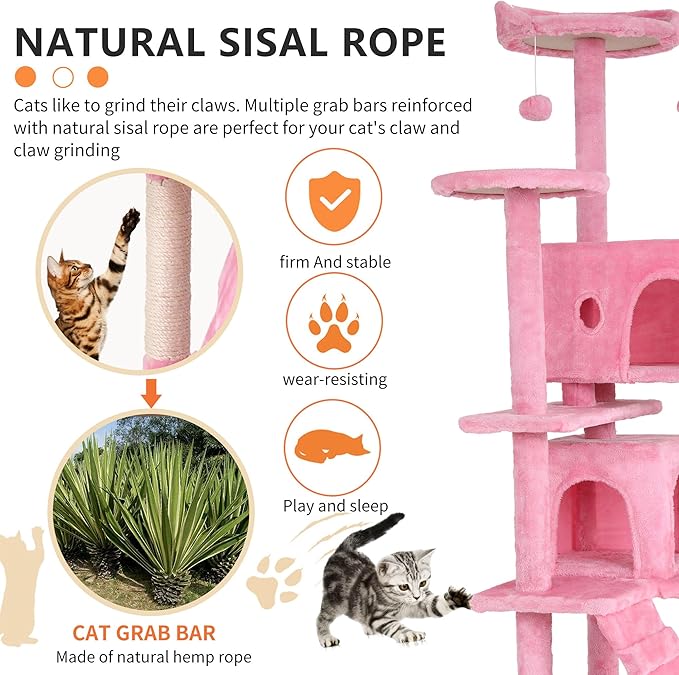 BestPet 70in Cat Tree Tower for Indoor Cats,Multi-Level Cat Furniture Activity Center with Cat Scratching Posts Stand House Cat Condo with Funny Toys for Kittens Pet Play House,Pink