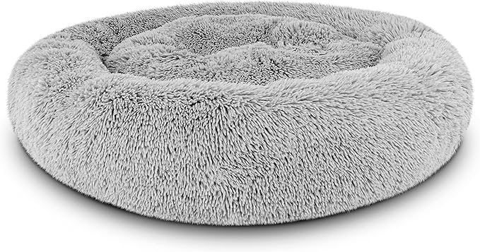 The Dog’s Bed Sound Sleep Donut Dog Bed, Small Silver Grey Fur Calming Nest Bed, Veterinary Approved