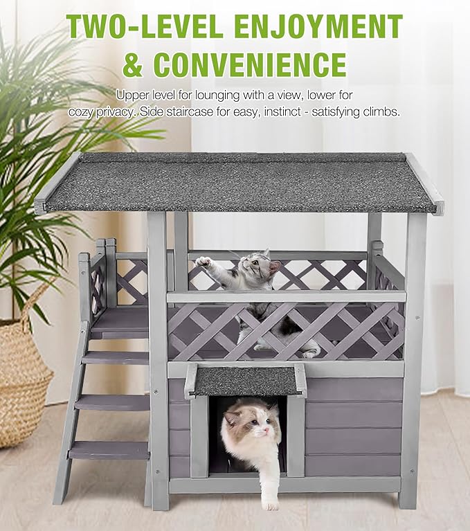 Cat House Outdoor Weatherproof โ 100% Solid Fir with Waterproof Paint, Two-Level Design, All-Weather Protection & Elevated Base โ Kitty Shelter for Feral Cats, Indoor/Outdoor Use