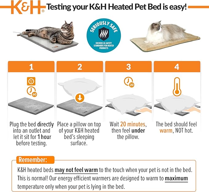 K&H Pet Products Heated Cat Bed Pad for Indoor Cats, Thermo-Kitty Mat Calming Warm Pet Heating Pad for Inside Pets, Machine Washable, Waterproof Heater, Safety Listed - 12.5 X 25in Gray