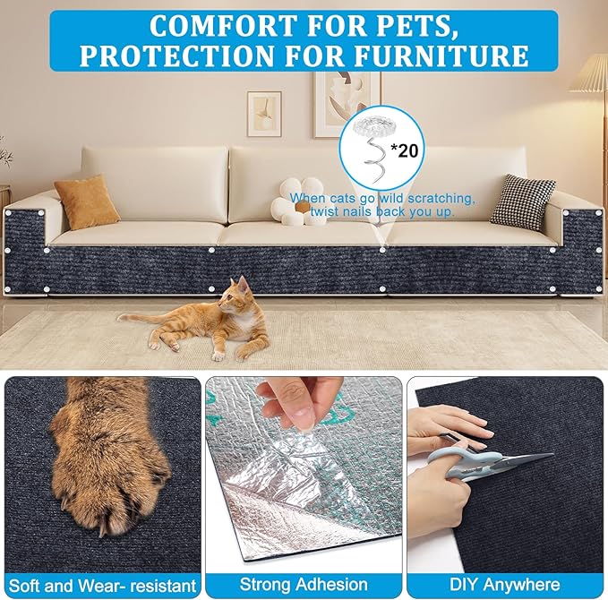 2 Pcs 78.7"x15.8" Cat Scratch Mat, Trimmable Self-Adhesive Carpet, DIY Climb Cat Scratcher for Furniture, Couch or Wall, Covering Cat Tree and Scratch Post Replacement Pad