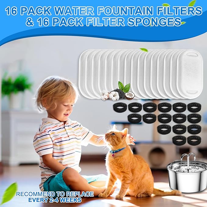 Cat Water Fountain Filters, 32 Pack Cat Replacement Filters for Stainless Steel 108oz/3.2L& 67oz/2L adjustable Flow Pet Water, Dog Fountain Filter(16+16 Pack)