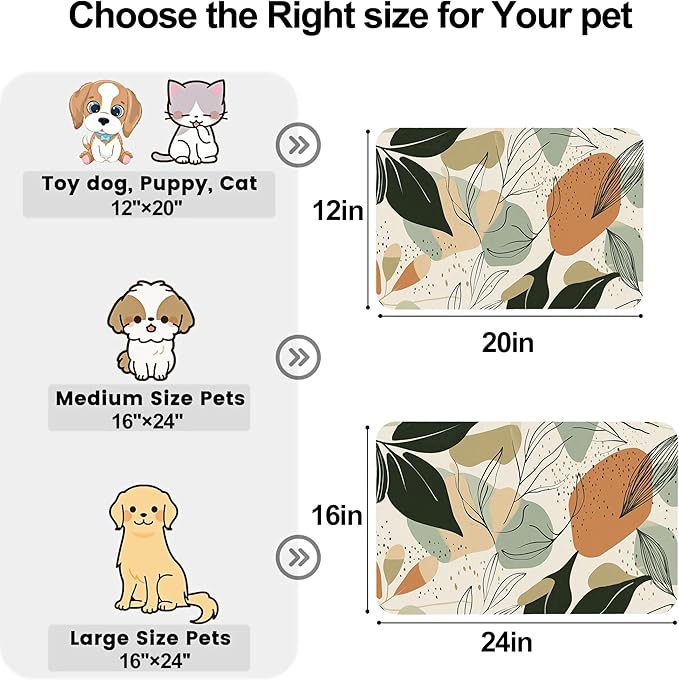 Abstract Boho Leaves Dog Food Mat-Absorbent Pet Feeding Mat for Food and Water Bowl, Quick Dry Dog Placemat with Rubber Backing-No Stains Pet Supplies for Messy Drinkers 16"x24"