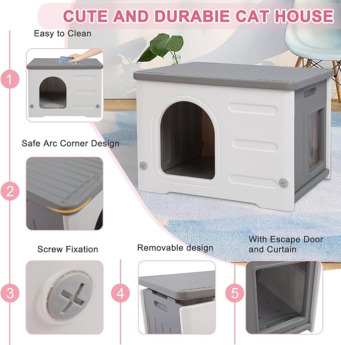 Hicaptain Cat Houses for Indoor Cats with Escape Door Plastic Outdoor Cat House Puppy Feral Cat Shelter for Small Medium Pets-Grey