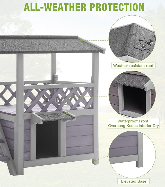 Cat House Outdoor Weatherproof โ 100% Solid Fir with Waterproof Paint, Two-Level Design, All-Weather Protection & Elevated Base โ Kitty Shelter for Feral Cats, Indoor/Outdoor Use
